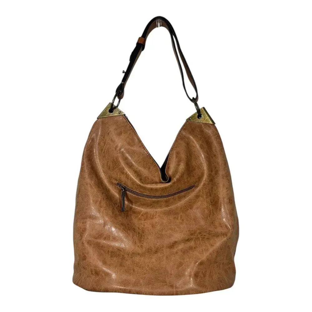 Joy Susan Darcy Zip Front Pocket Bucket Bag Faux Leather Vegan Tan Slouchy Hobo